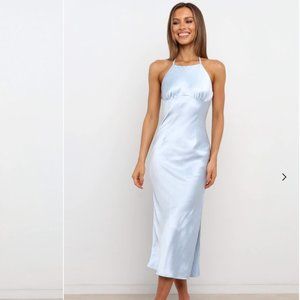 Blue satin halter dress (never worn, tags attached)